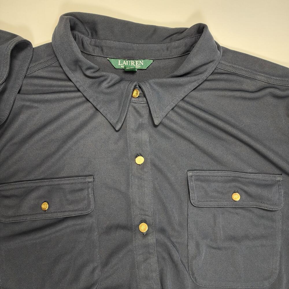 Lauren Ralph Lauren Navy Button Front Shirt Gold Buttons 3X Stretch - Picture 7 of 14